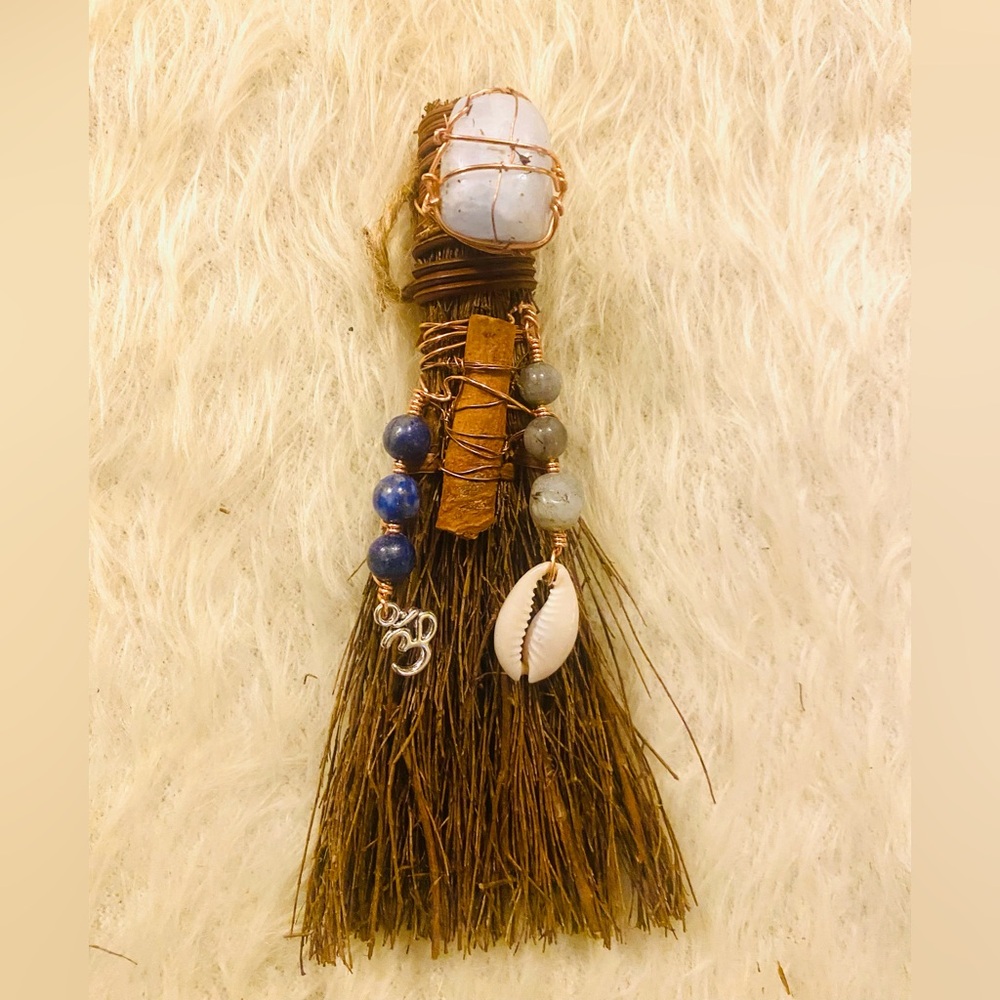 6in Cinnamon Broom w/ Charged Crystals&Copper|Blue Calcite|Lapis Lazuli|Handmade